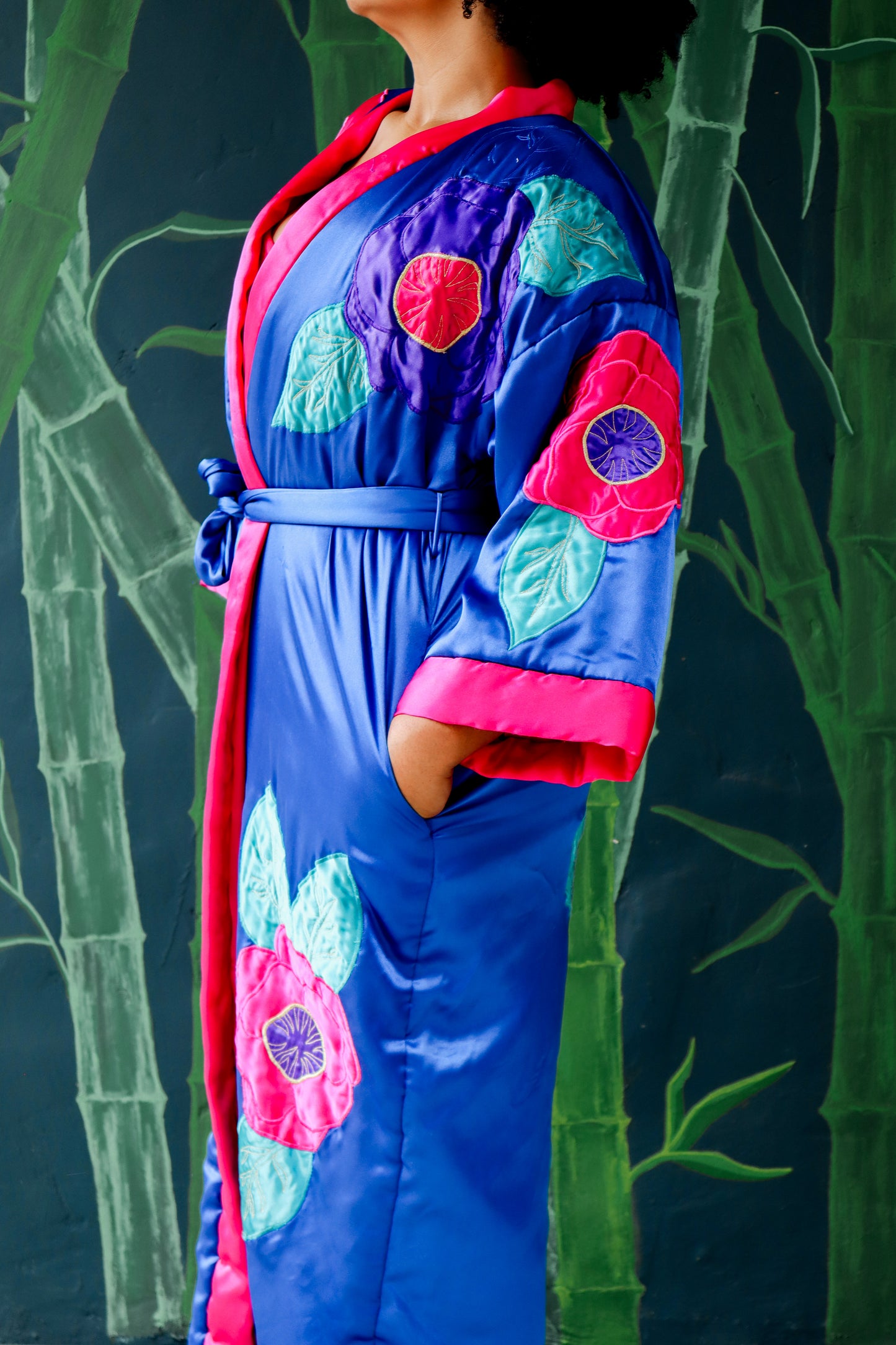 1960s Plush Silky Robe with Floral Details