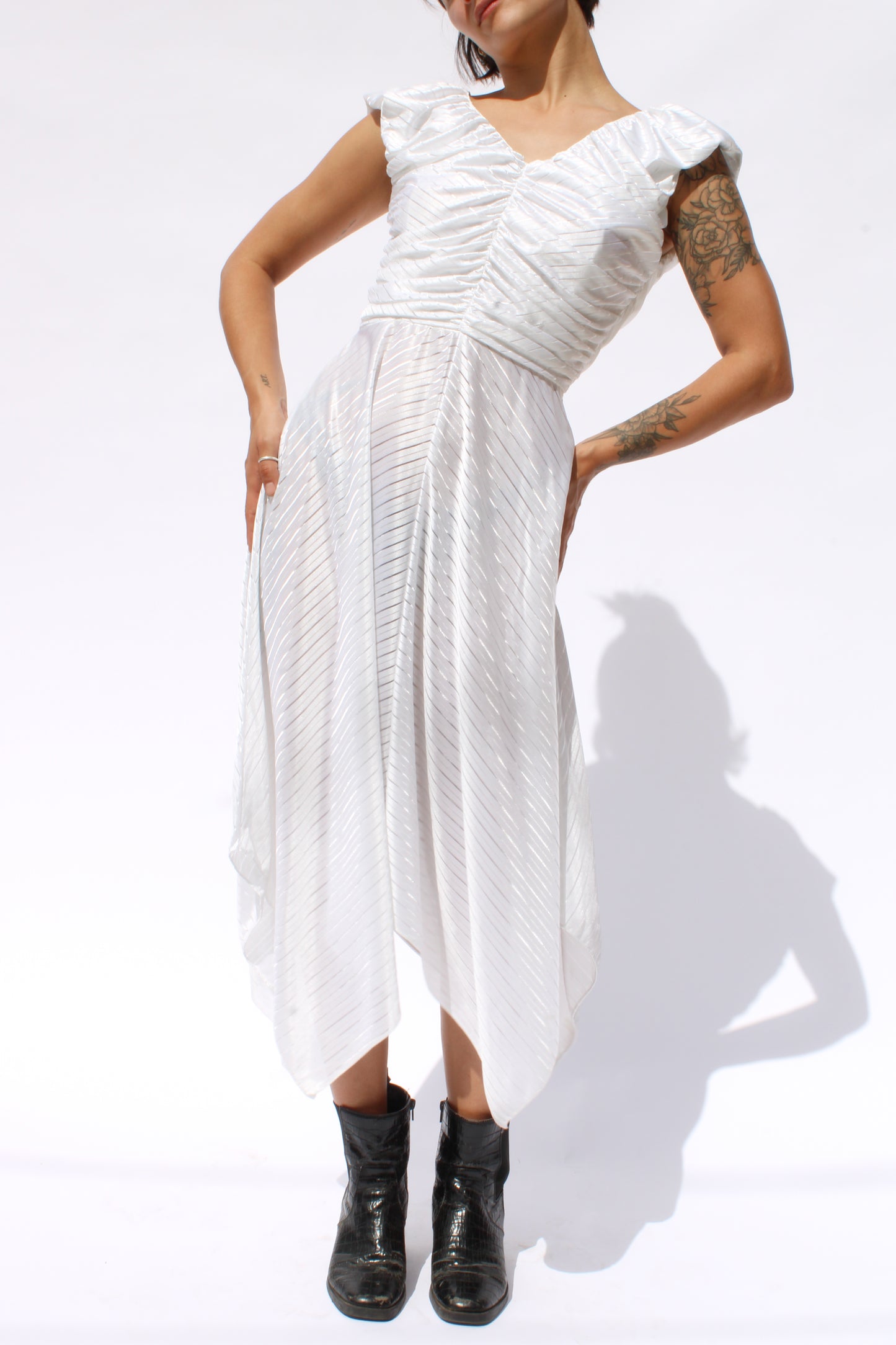 White Rayon Chevron Striped Midi Dress