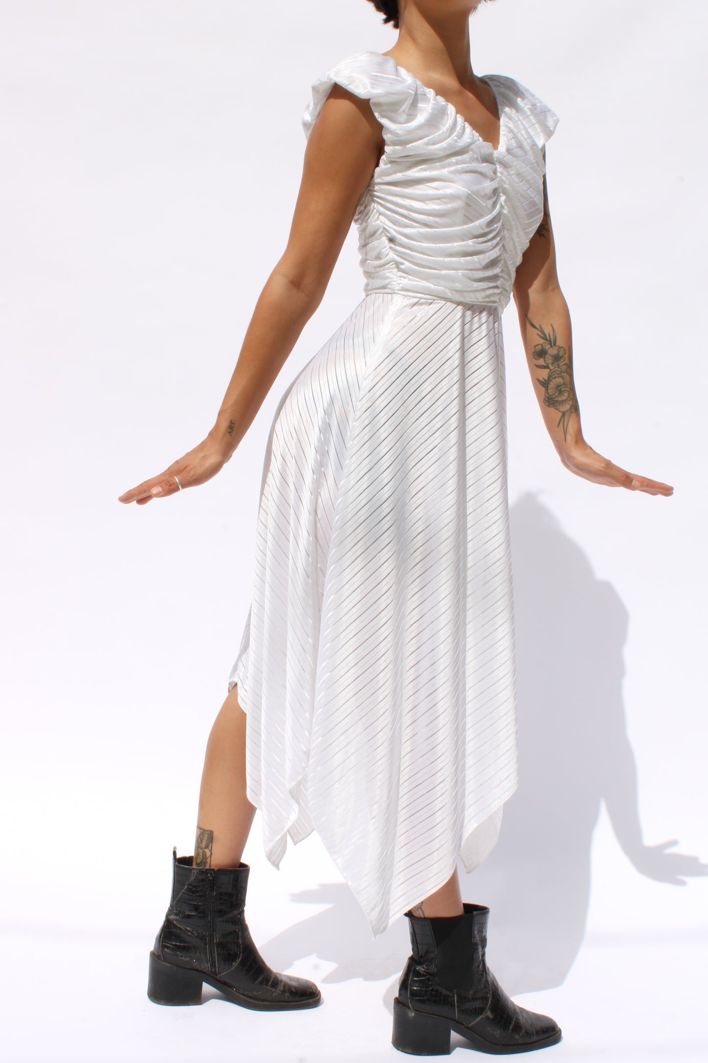 White Rayon Chevron Striped Midi Dress