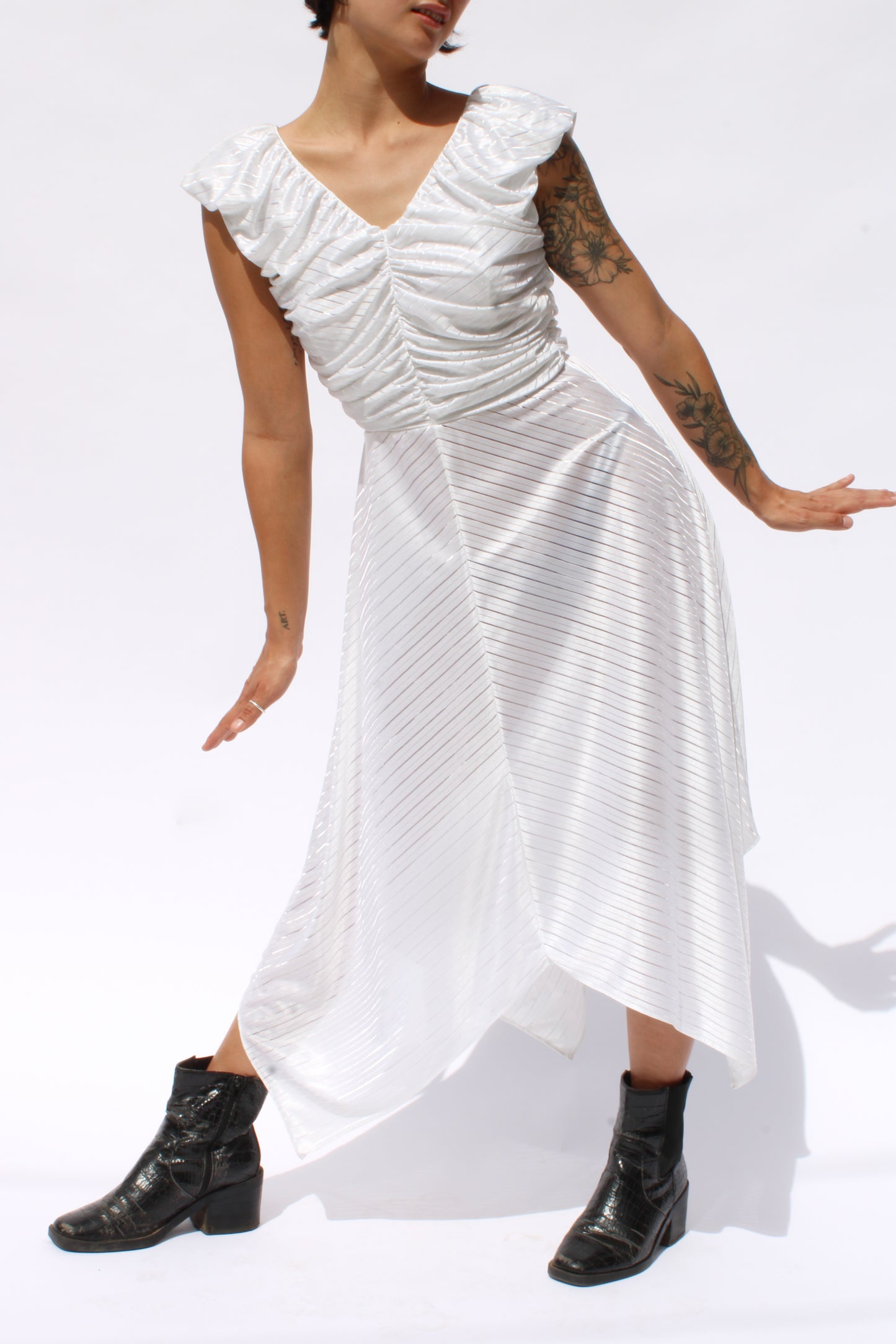 White Rayon Chevron Striped Midi Dress