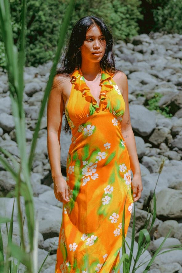 1970's Orange Blossom Hawaiian Halter Dress