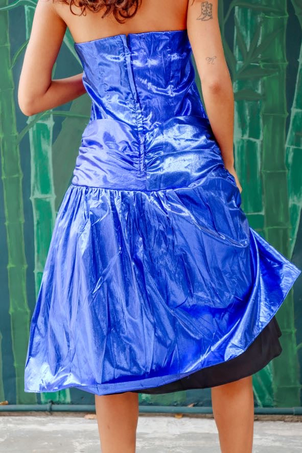 1980's Strapless Blue Metallic Prom Dress