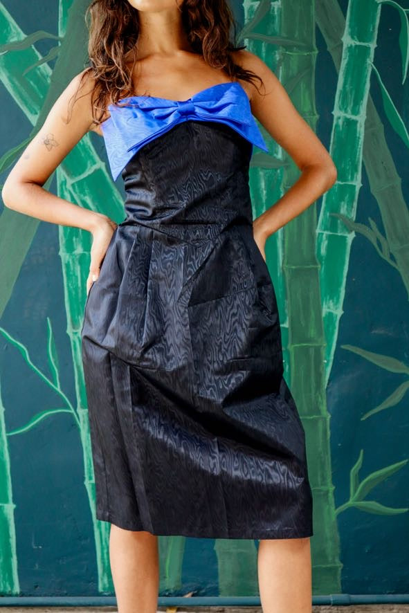 1980's Black Woodgrain Taffeta Party Dress