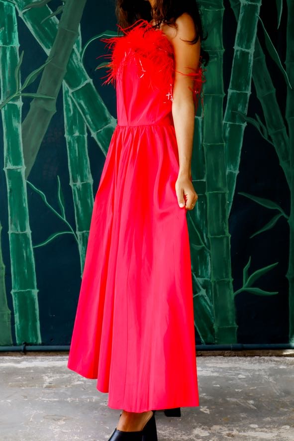 1980's Red Fluffy Strapless Cocktail Dress