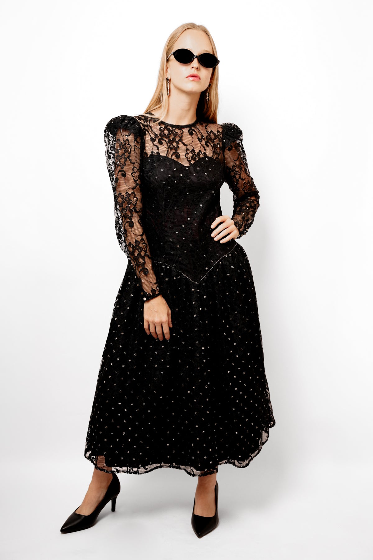 1980s Cachet Black Lace Gown