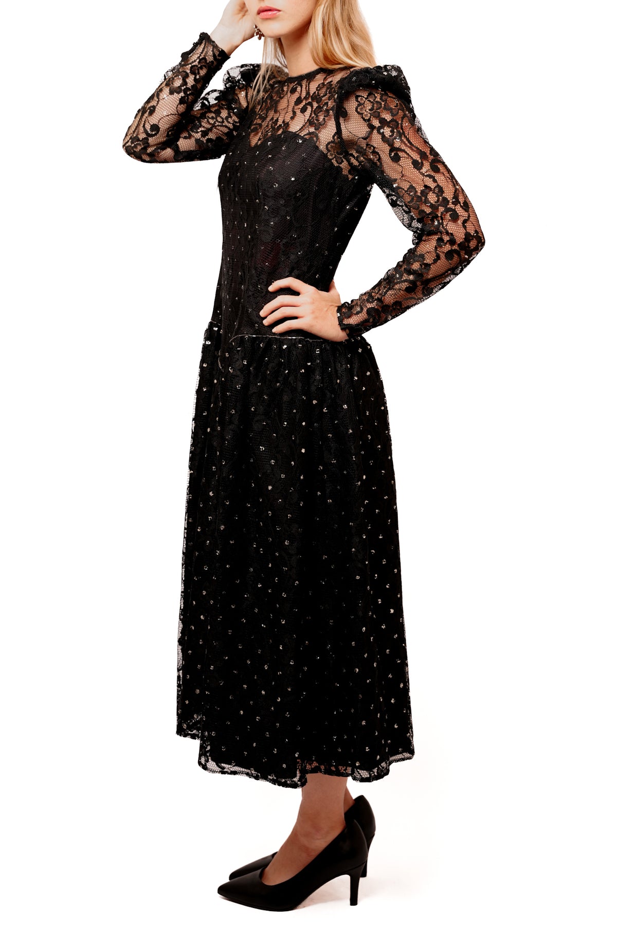 1980s Cachet Black Lace Gown