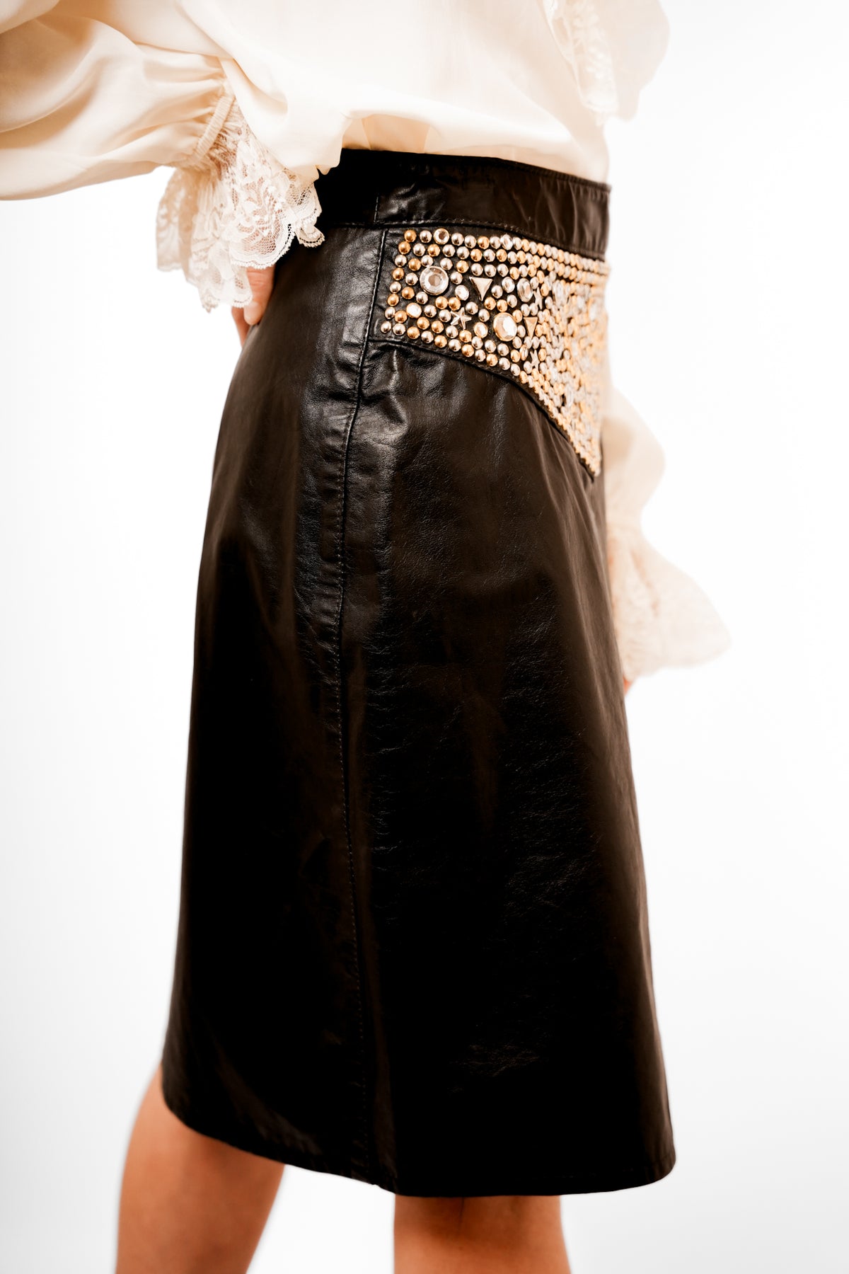 Robin Berry Black Studded Leather Pencil Skirt