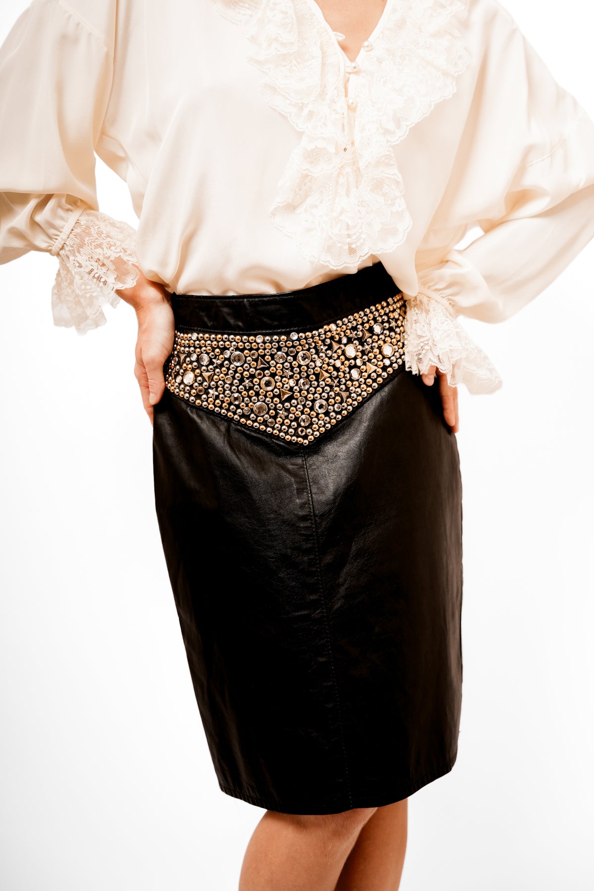 Robin Berry Black Studded Leather Pencil Skirt