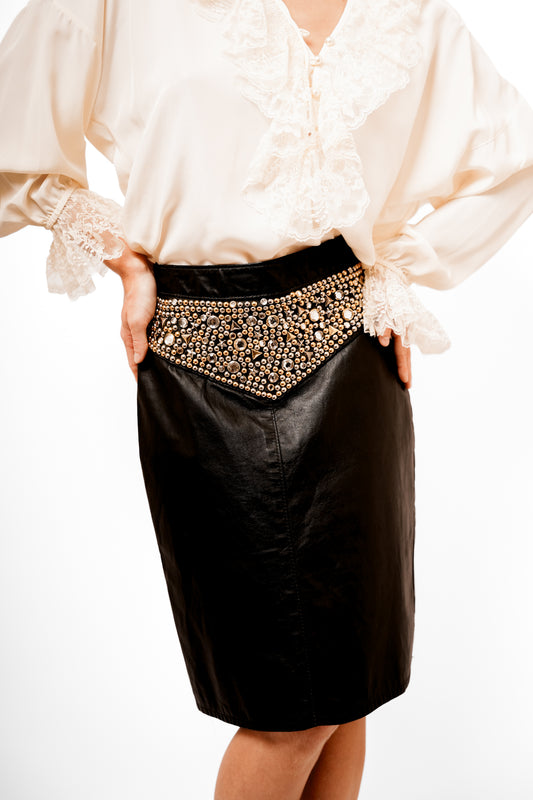 Robin Berry Black Studded Leather Pencil Skirt