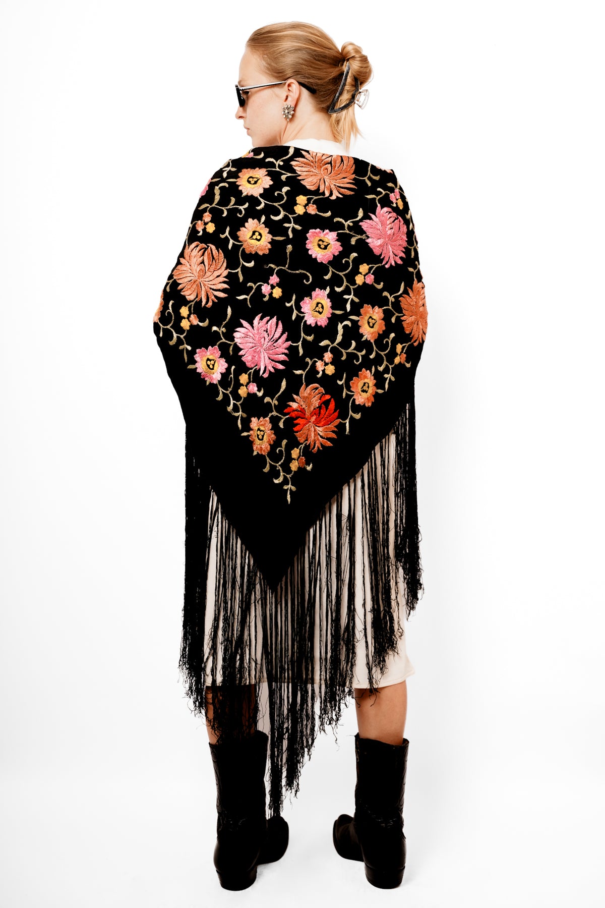 Vintage Black Fringe Floral Shawl