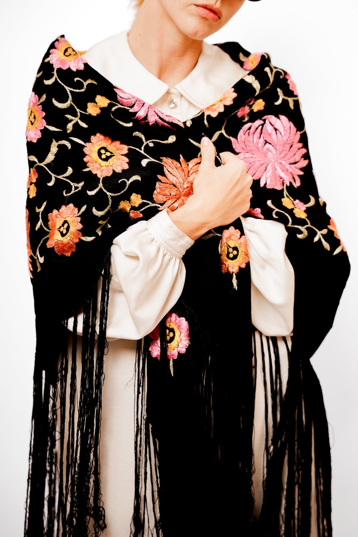 Vintage Black Fringe Floral Shawl