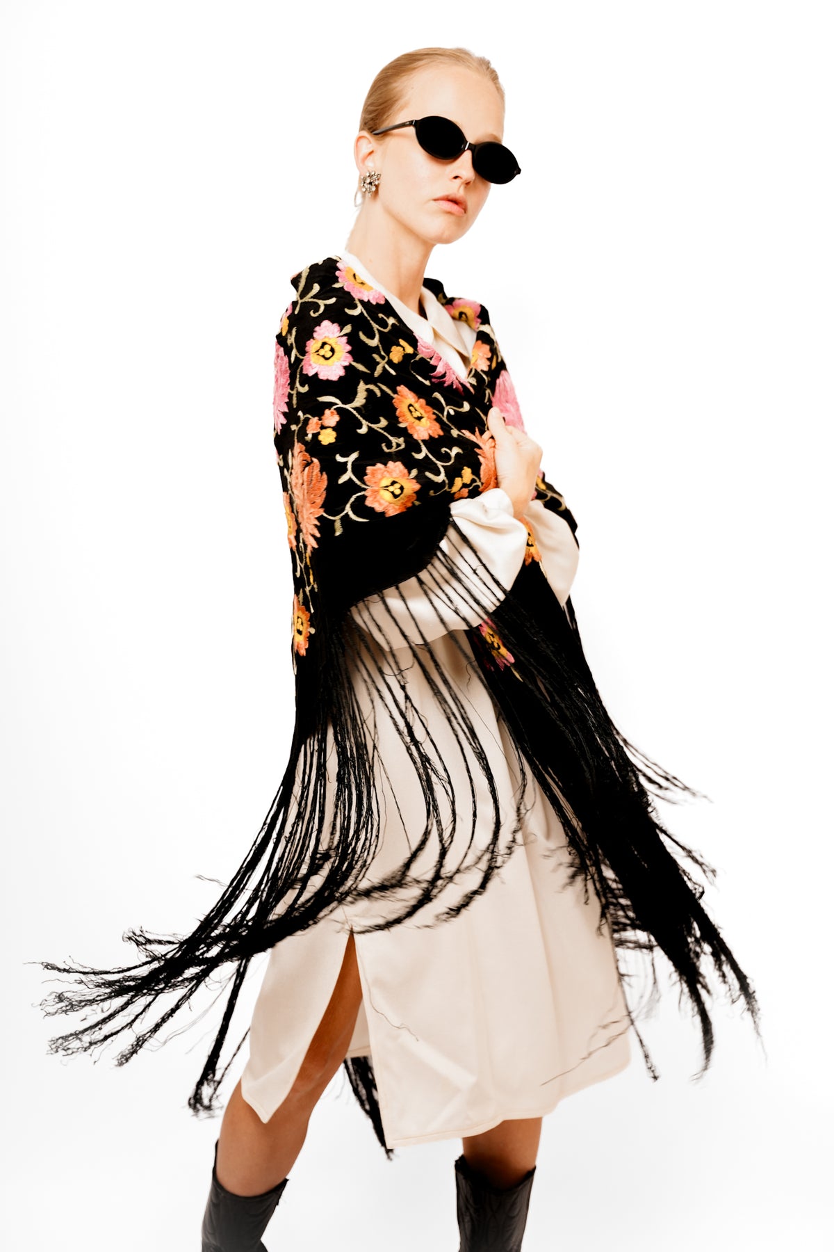 Vintage Black Fringe Floral Shawl