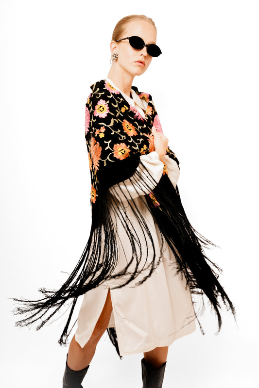 Vintage Black Fringe Floral Shawl