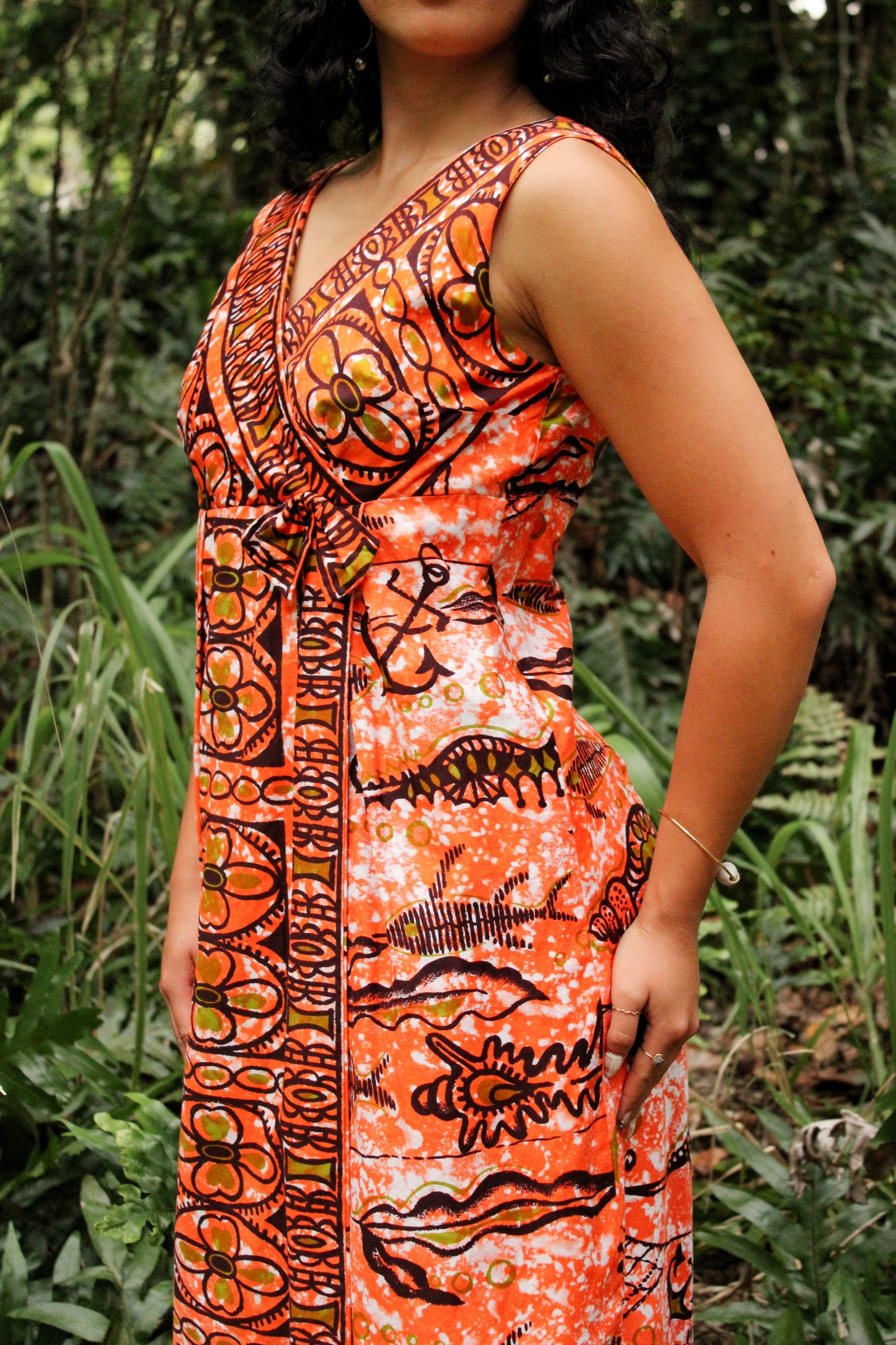 1970's Orange Tropical Maxi Dress