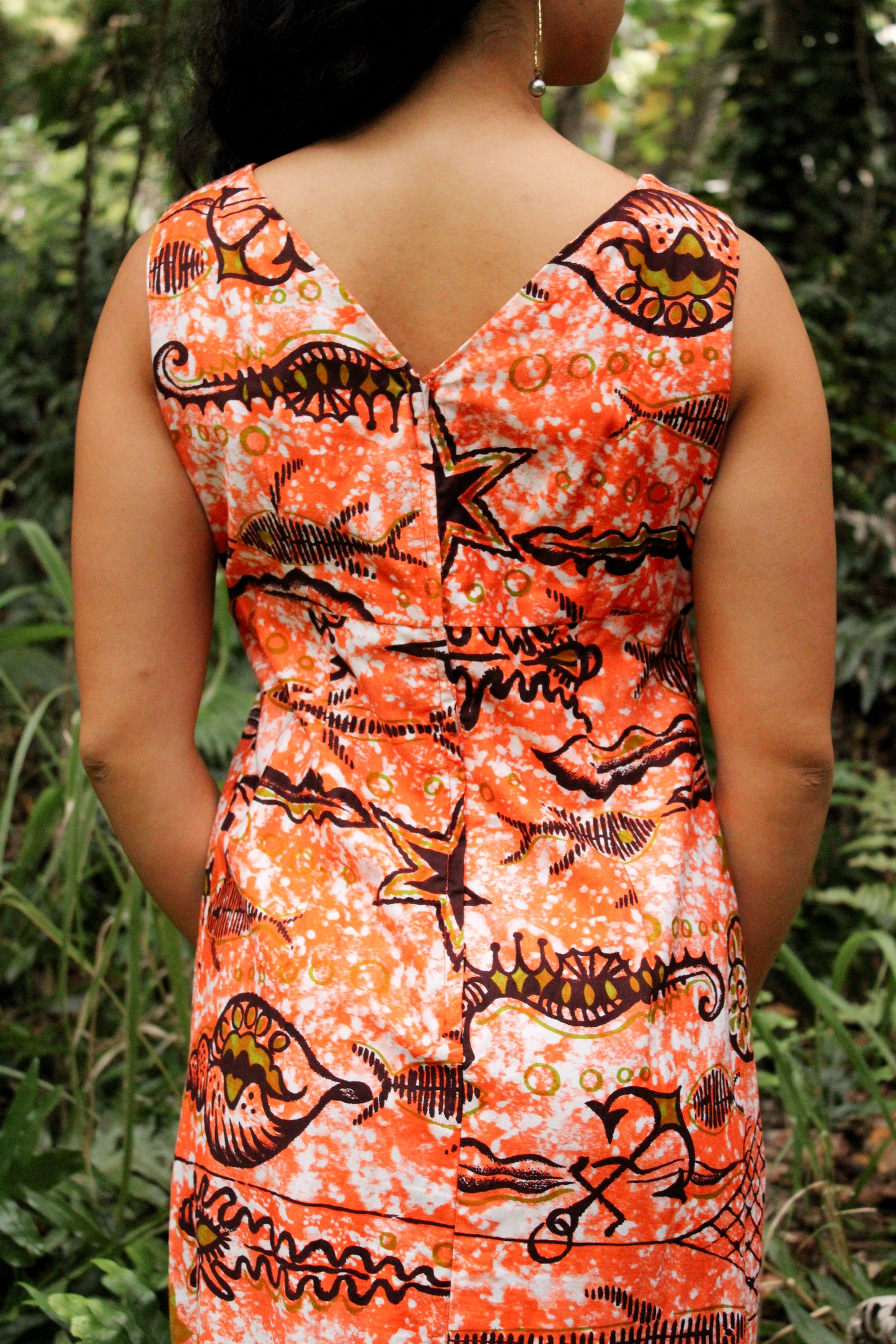 1970's Orange Tropical Maxi Dress