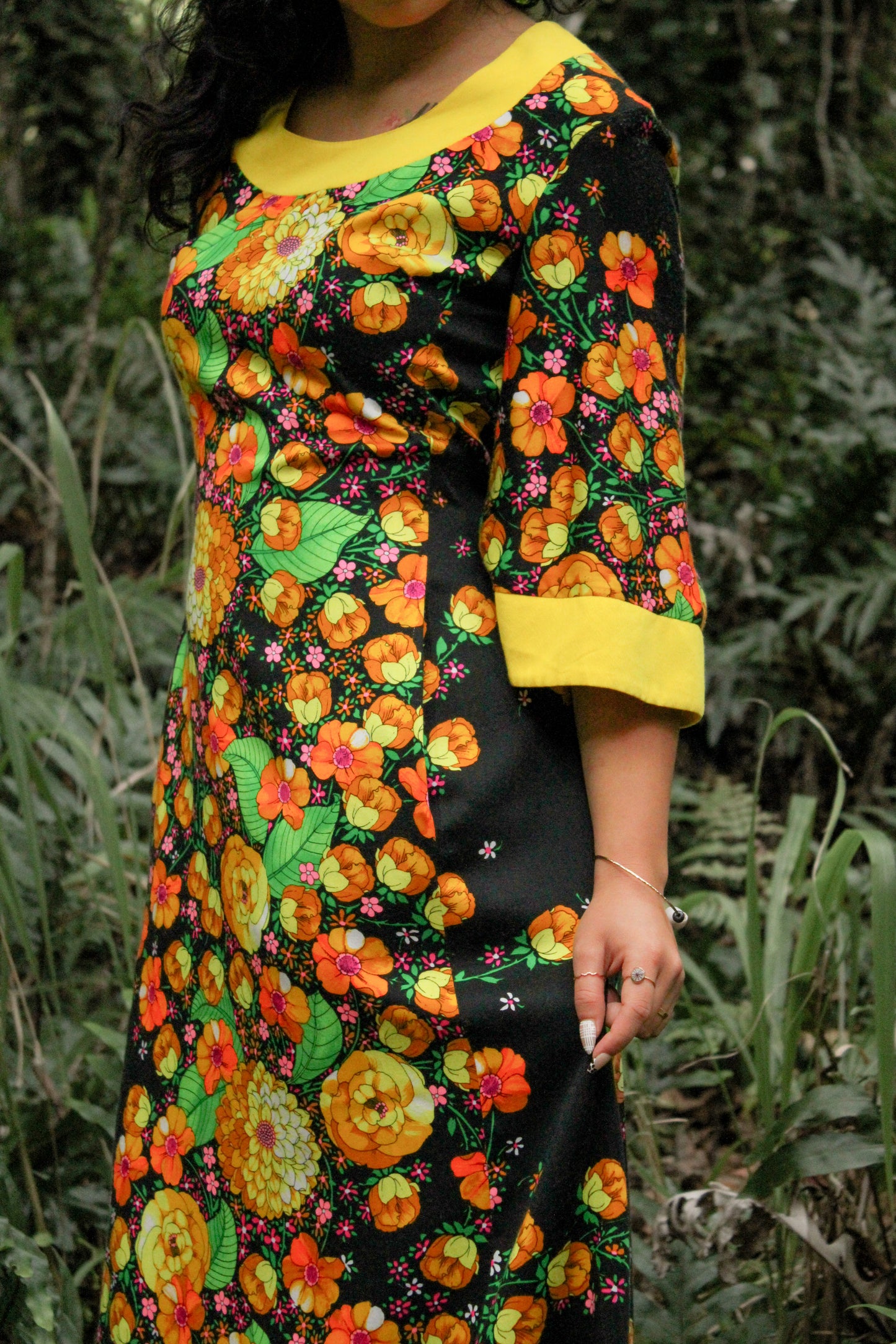 1970's Yellow & Black Floral Muʻumuʻu