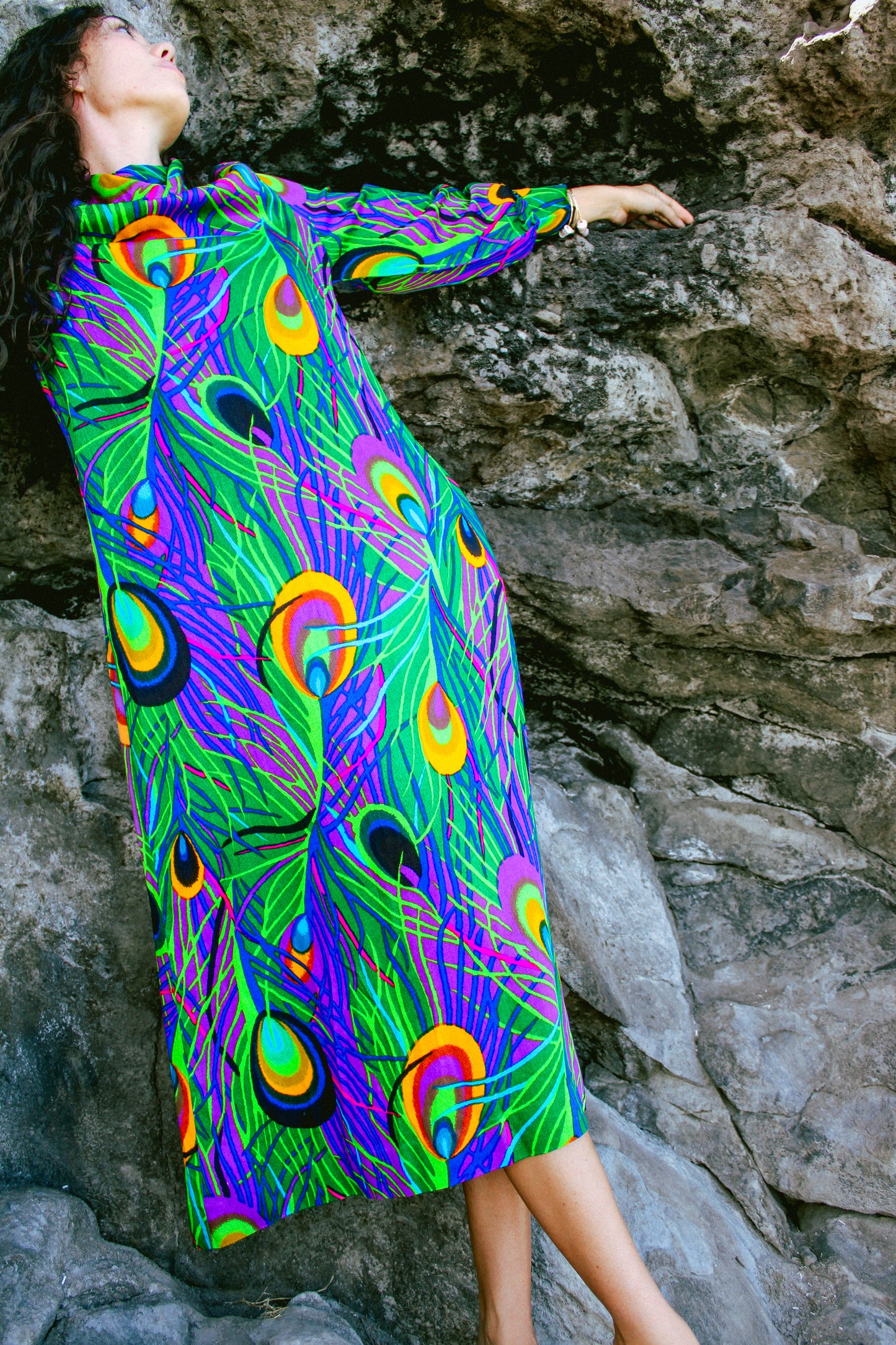 1970s Peacock Maxi Dress