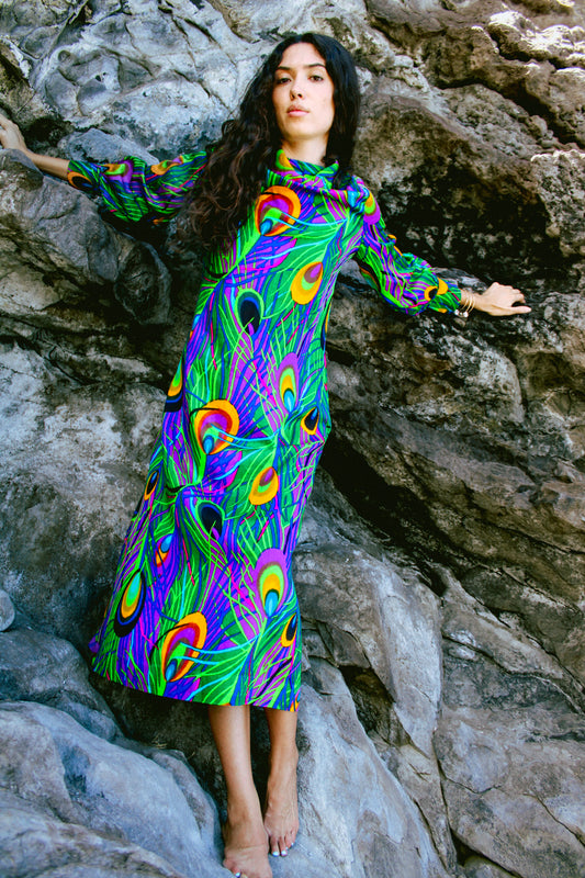 1970s Peacock Maxi Dress