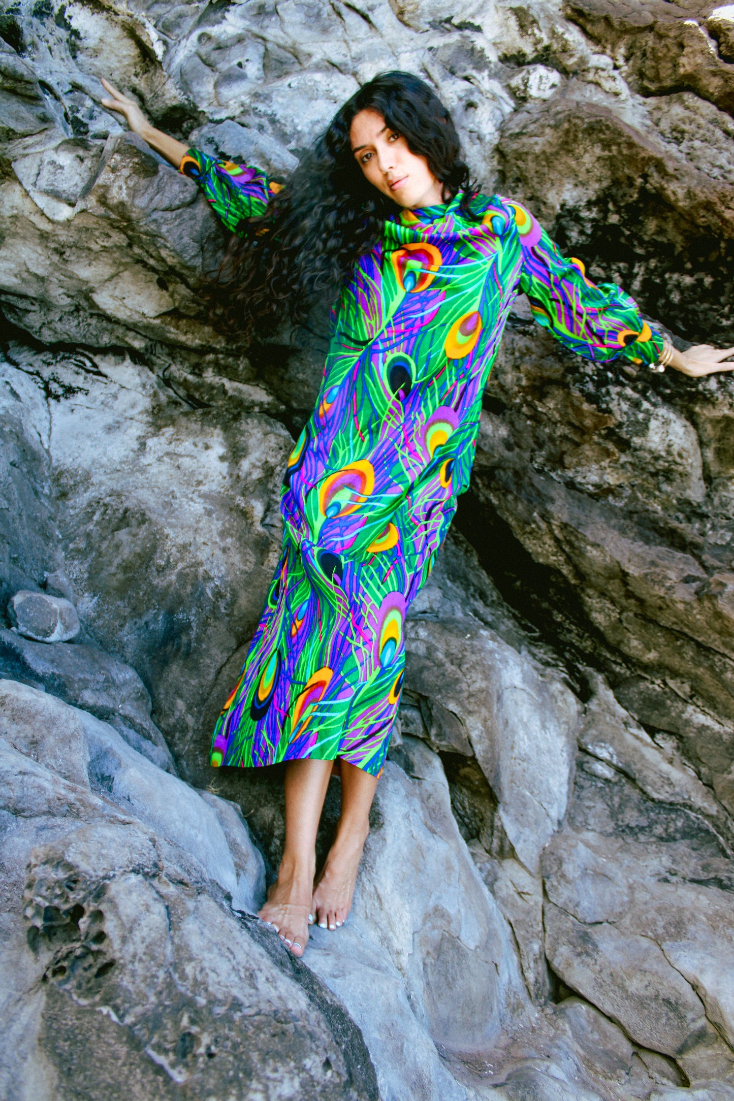 1970s Peacock Maxi Dress