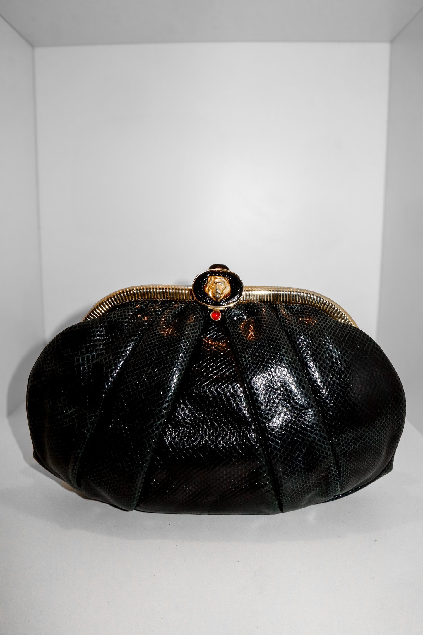 1980's Judith Leiber Pleated Lizard Lion Head Clutch