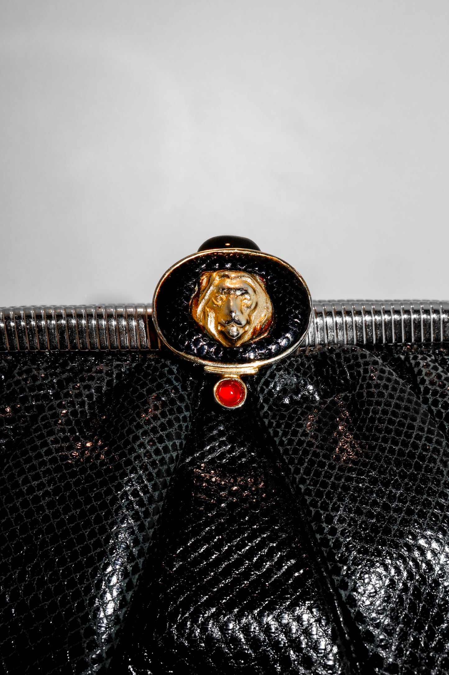1980's Judith Leiber Pleated Lizard Lion Head Clutch