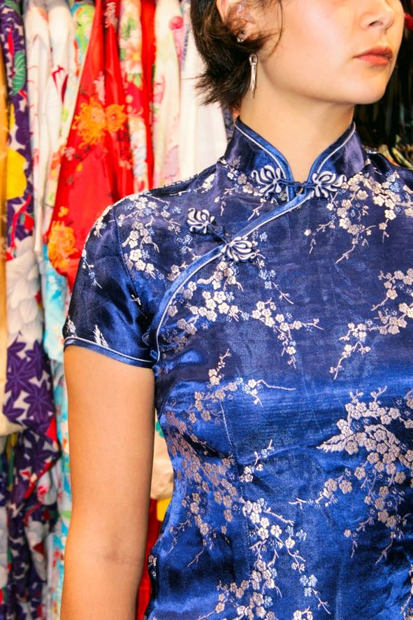 1980s Sapphire Blue Chinese Cheongsam Mini Dress