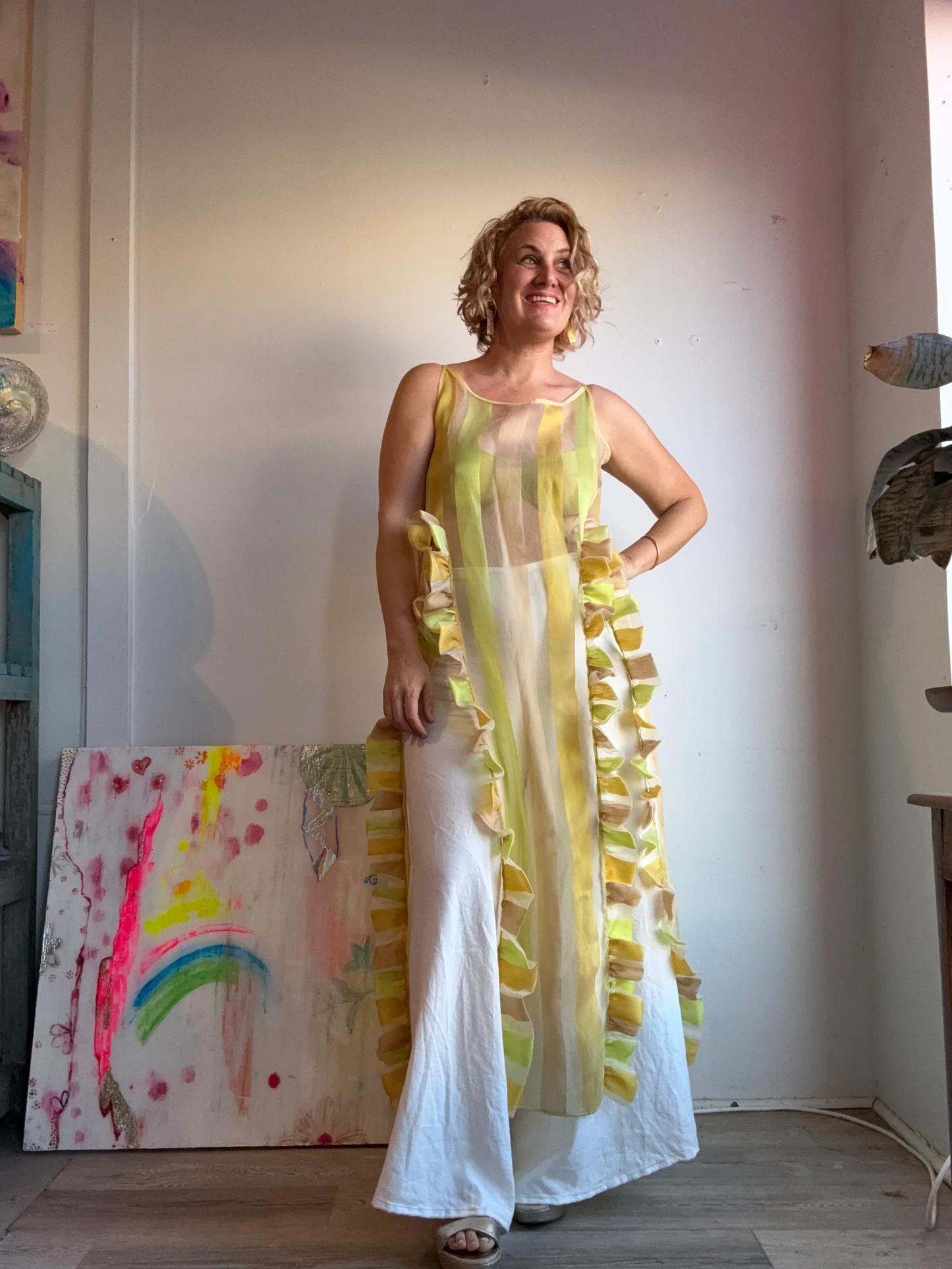 Striped Dress with Ruffle Slits