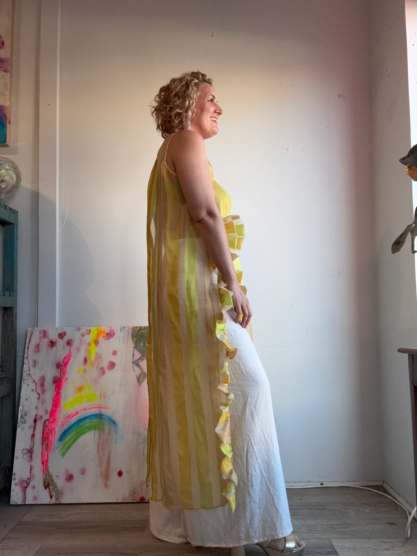 Striped Dress with Ruffle Slits